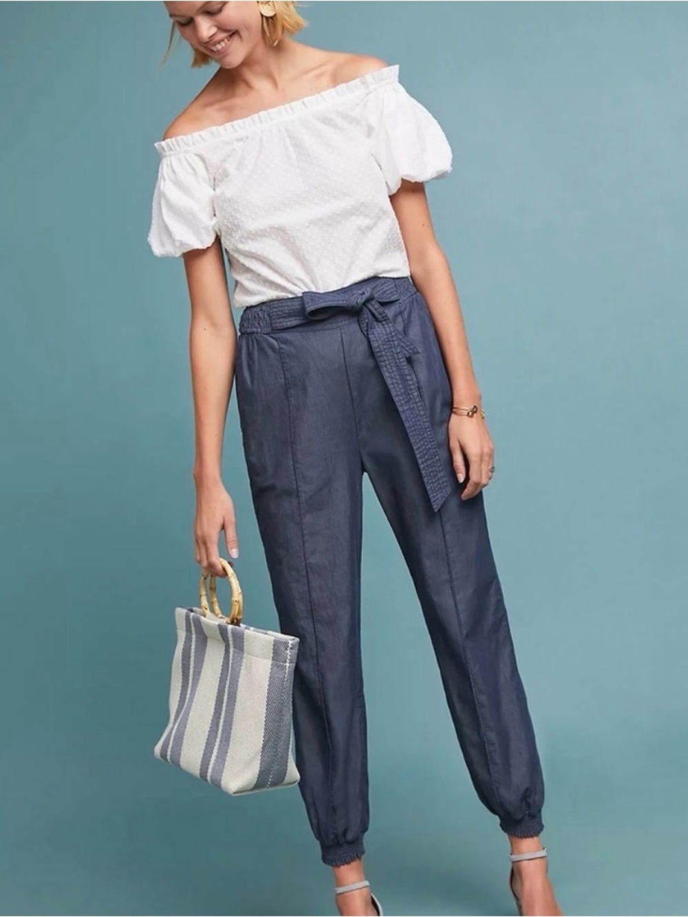 Anthropologie High-Waist Tie-Belt Jogger Pants in Navy